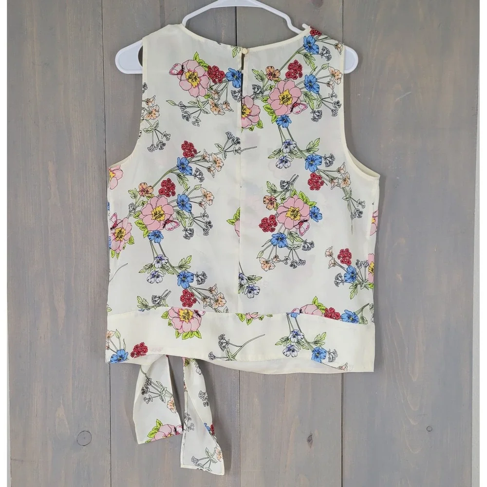 Talbots Floral Sleeveless Blouse‎ Womens Large Cream Tie Front Keyhole Back